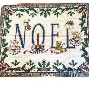 Vintage NOEL Holiday Christmas Blanket Throw 71x53 with Fringe